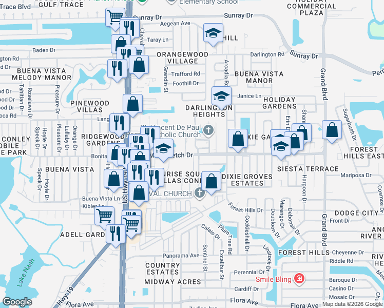map of restaurants, bars, coffee shops, grocery stores, and more near 2111 U.S. 19 in Holiday