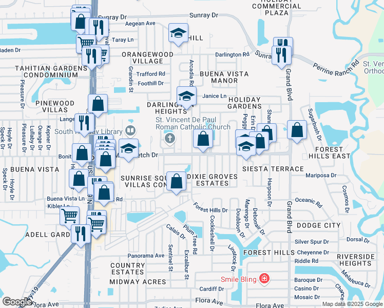 map of restaurants, bars, coffee shops, grocery stores, and more near Mile Stretch Dr & Arcadia Rd in Holiday