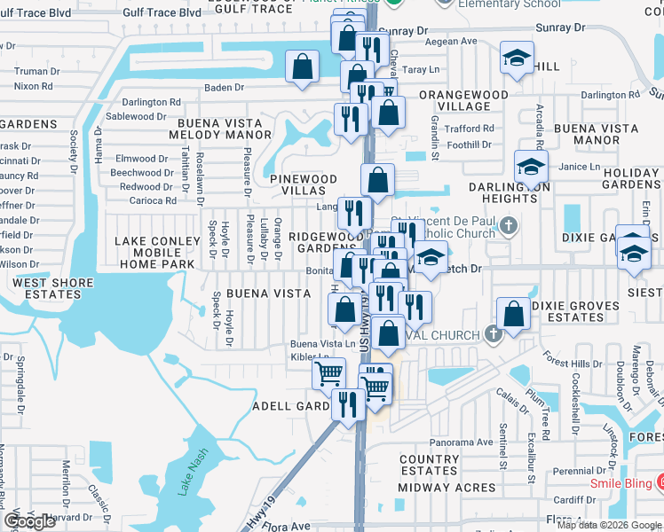 map of restaurants, bars, coffee shops, grocery stores, and more near 2005 Holiday Drive in Holiday
