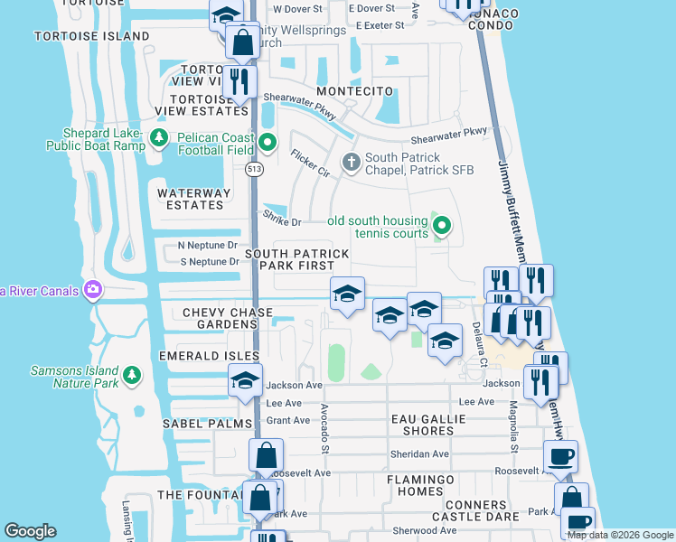 map of restaurants, bars, coffee shops, grocery stores, and more near 116 Bomarc Lane in Satellite Beach