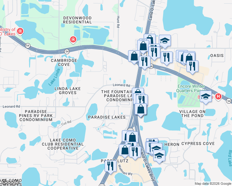 map of restaurants, bars, coffee shops, grocery stores, and more near 2007 Brinson Road in Lutz