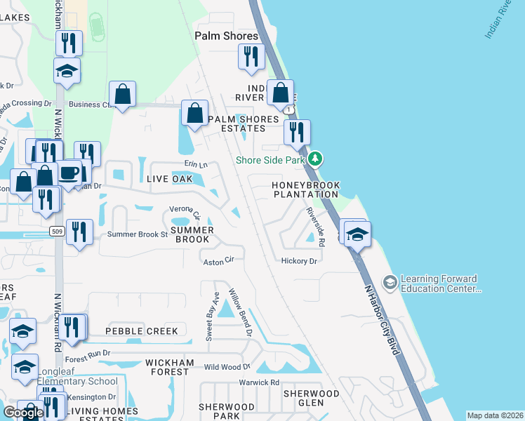 map of restaurants, bars, coffee shops, grocery stores, and more near 4885 Hidden Creek Road in Melbourne