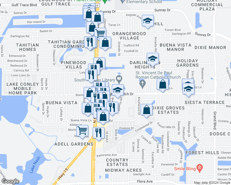 map of restaurants, bars, coffee shops, grocery stores, and more near 4631 Mile Stretch Drive in Holiday