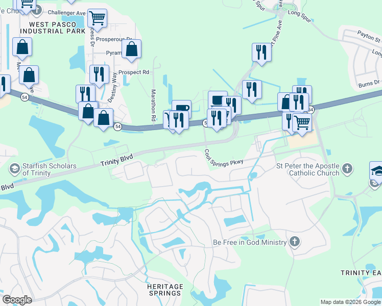 map of restaurants, bars, coffee shops, grocery stores, and more near 11690 Lake Boulevard in Trinity