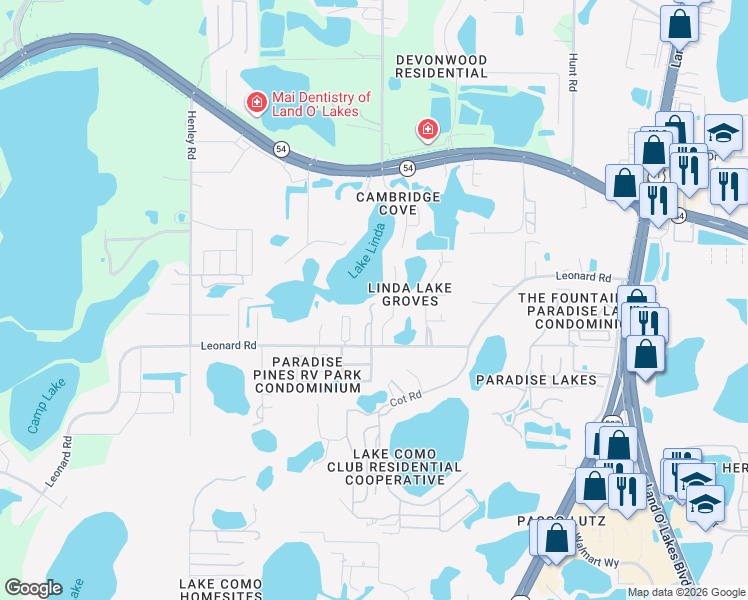 map of restaurants, bars, coffee shops, grocery stores, and more near 2036 Lady Lake Lane in Lutz