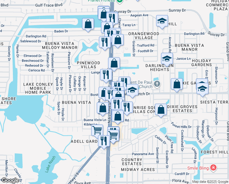 map of restaurants, bars, coffee shops, grocery stores, and more near in Holiday