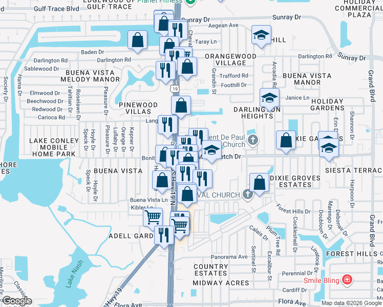 map of restaurants, bars, coffee shops, grocery stores, and more near in Holiday