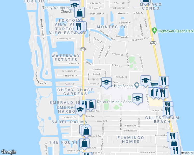 map of restaurants, bars, coffee shops, grocery stores, and more near 321 Gemini Drive in Satellite Beach