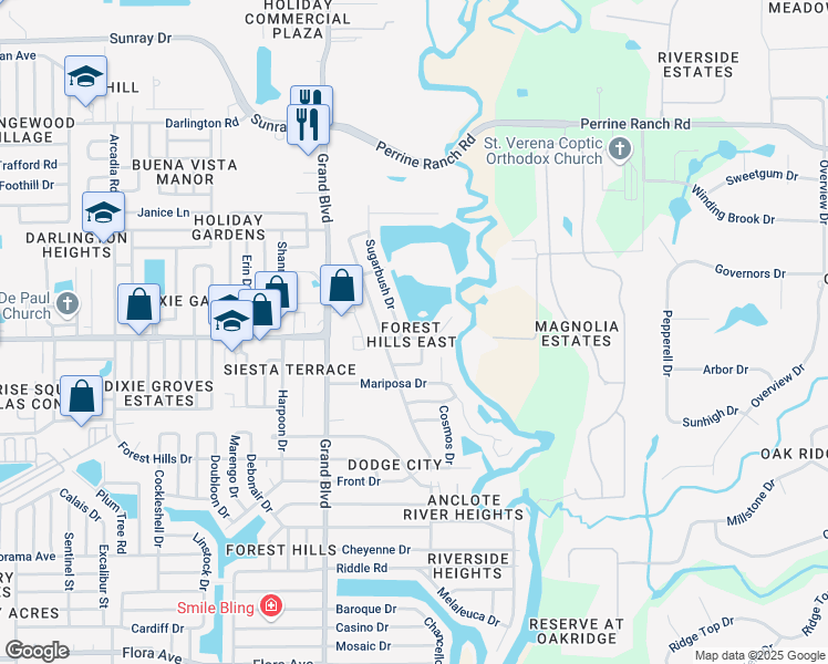 map of restaurants, bars, coffee shops, grocery stores, and more near 5705 Catskill Road in Holiday