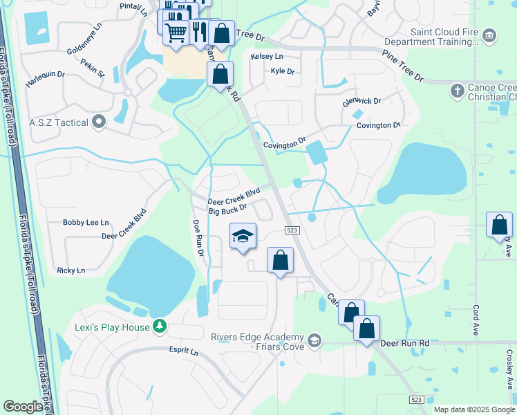 map of restaurants, bars, coffee shops, grocery stores, and more near 1821 Big Buck Drive in St. Cloud