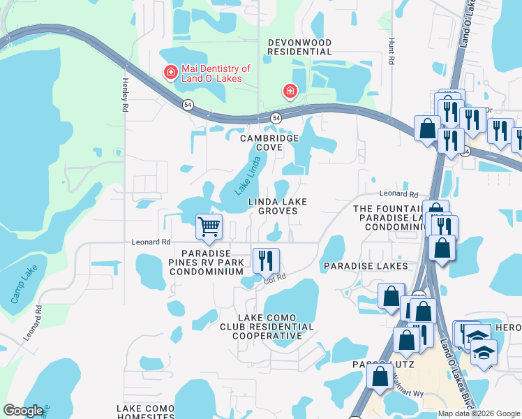 map of restaurants, bars, coffee shops, grocery stores, and more near 2036 Woodruff Loop in Lutz