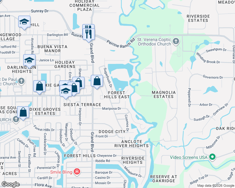 map of restaurants, bars, coffee shops, grocery stores, and more near in Holiday