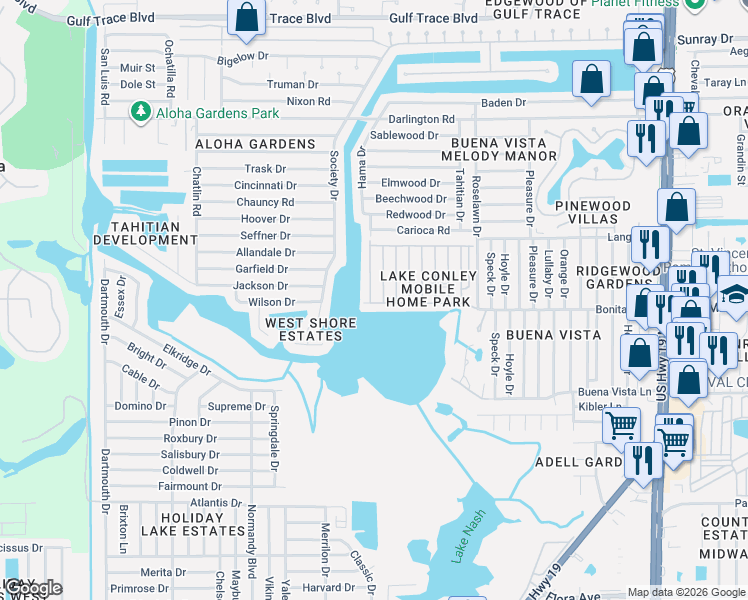 map of restaurants, bars, coffee shops, grocery stores, and more near 3734 Bywater Drive in Holiday