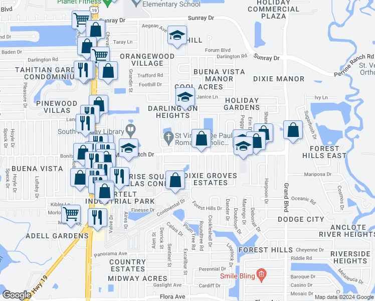 map of restaurants, bars, coffee shops, grocery stores, and more near 2009 Arcadia Road in Holiday