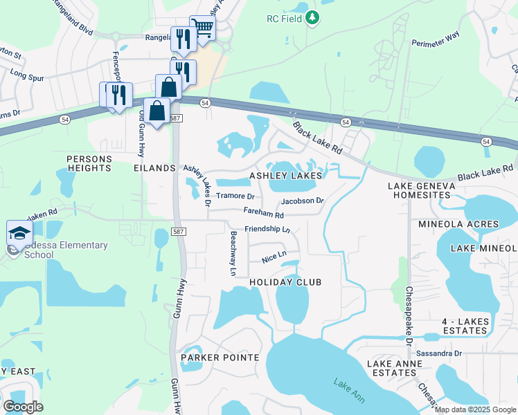map of restaurants, bars, coffee shops, grocery stores, and more near 13807 Fareham Road in Odessa