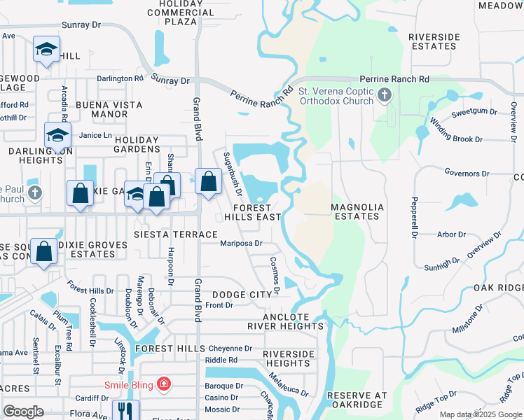 map of restaurants, bars, coffee shops, grocery stores, and more near 5742 Catskill Road in Holiday