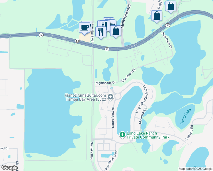 map of restaurants, bars, coffee shops, grocery stores, and more near 2136 Lake Waters Place in Lutz