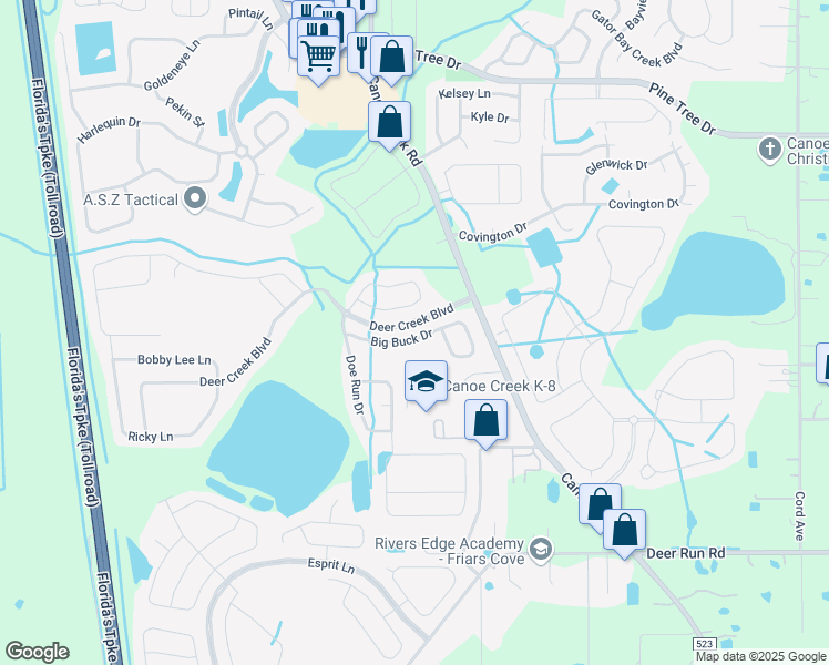 map of restaurants, bars, coffee shops, grocery stores, and more near 2090 Big Buck Drive in Saint Cloud