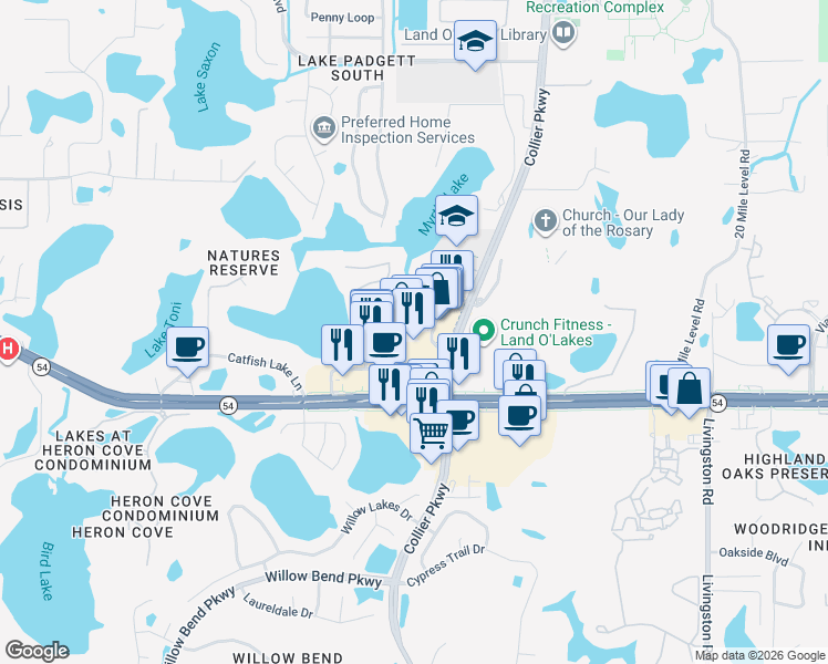 map of restaurants, bars, coffee shops, grocery stores, and more near 2121 Collier Parkway in Land O' Lakes