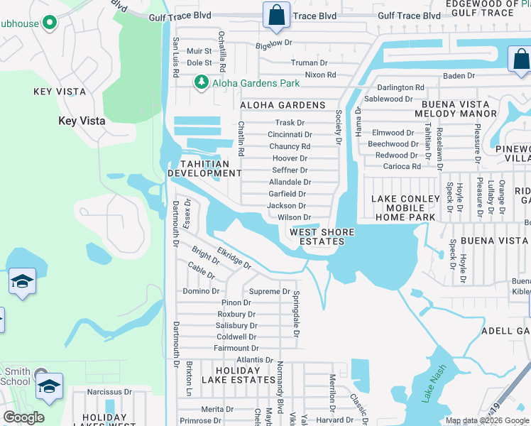 map of restaurants, bars, coffee shops, grocery stores, and more near 3332 Wilson Drive in Holiday