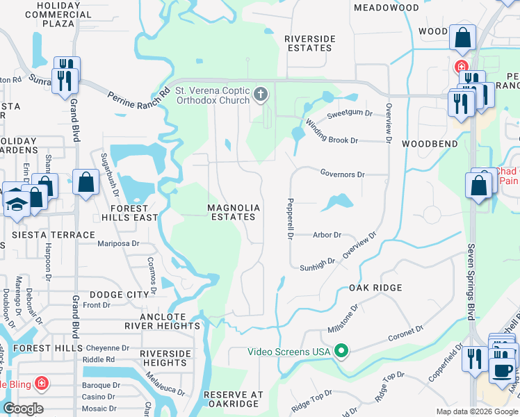 map of restaurants, bars, coffee shops, grocery stores, and more near 2017 Mountain Ash Way in New Port Richey