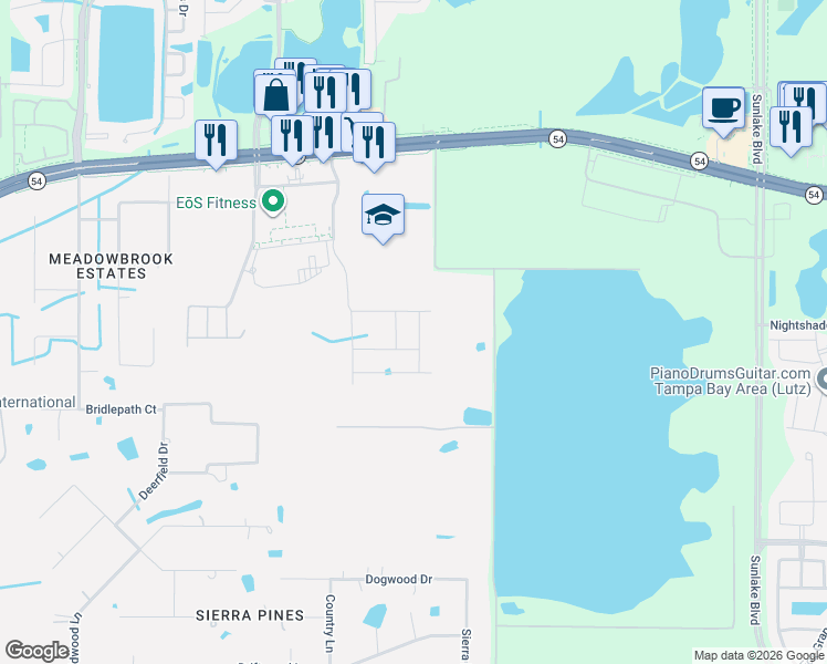 map of restaurants, bars, coffee shops, grocery stores, and more near 17510 Cedarwood Loop in Lutz
