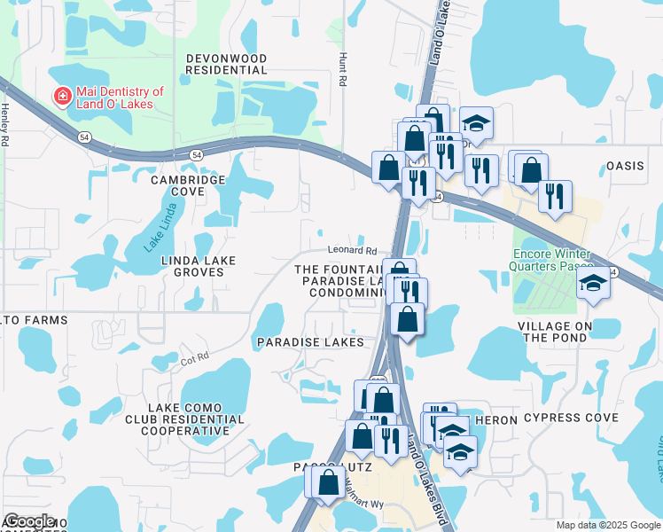map of restaurants, bars, coffee shops, grocery stores, and more near 2081 Vista Del Sol Circle in Lutz