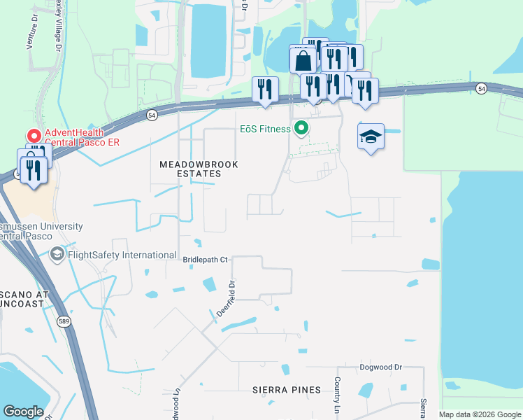 map of restaurants, bars, coffee shops, grocery stores, and more near 2136 Azure View Way in Lutz
