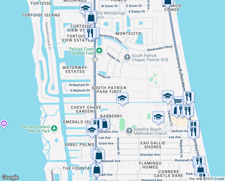 map of restaurants, bars, coffee shops, grocery stores, and more near 321 Gemini Drive in Satellite Beach
