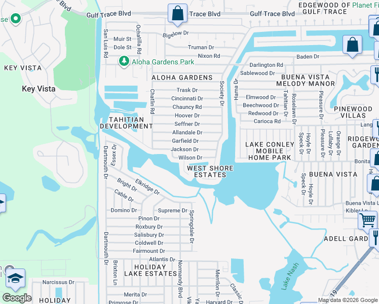 map of restaurants, bars, coffee shops, grocery stores, and more near 3434 Jackson Drive in Holiday