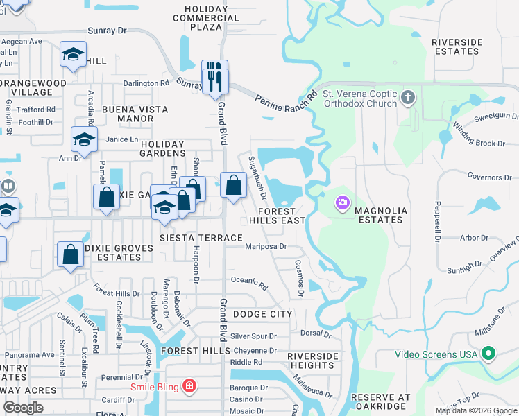 map of restaurants, bars, coffee shops, grocery stores, and more near 2020 Tumbleweed Drive in Holiday
