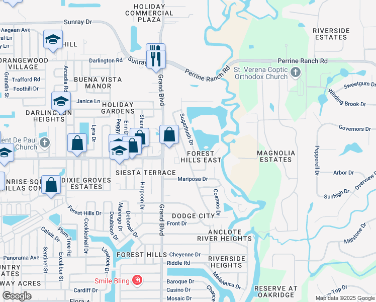 map of restaurants, bars, coffee shops, grocery stores, and more near 2020 Tumbleweed Drive in Holiday