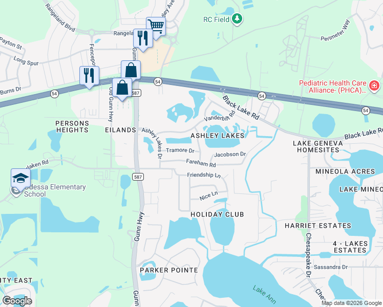 map of restaurants, bars, coffee shops, grocery stores, and more near 13748 Tramore Drive in Odessa