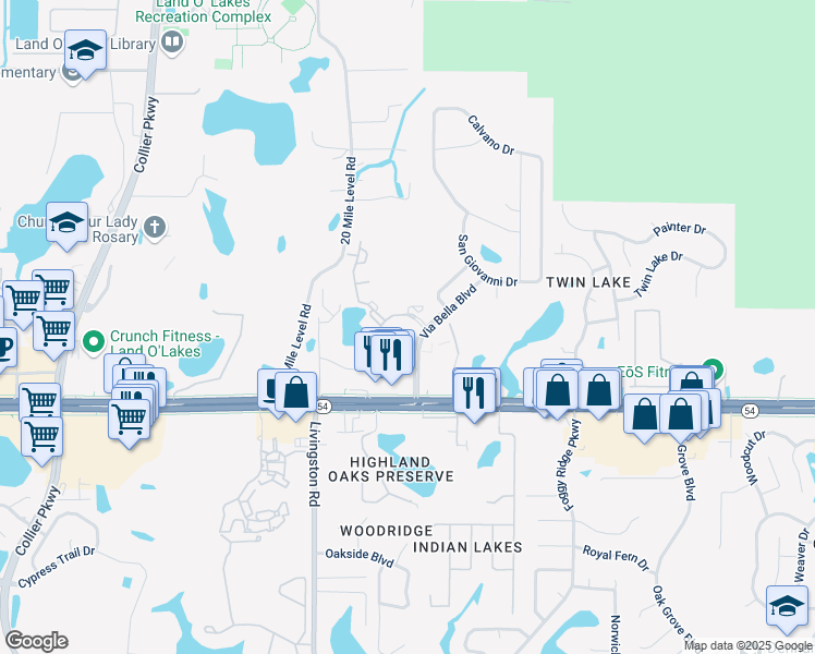 map of restaurants, bars, coffee shops, grocery stores, and more near 23700 Viento Drive in Land O' Lakes