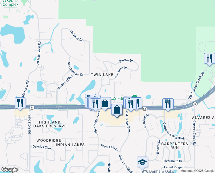 map of restaurants, bars, coffee shops, grocery stores, and more near 24152 Cross Lane in Land O' Lakes