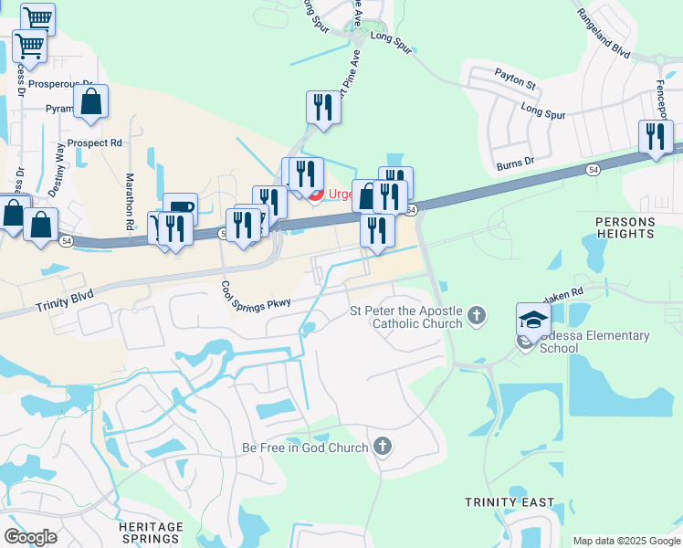 map of restaurants, bars, coffee shops, grocery stores, and more near 12324 Florida 54 in Odessa