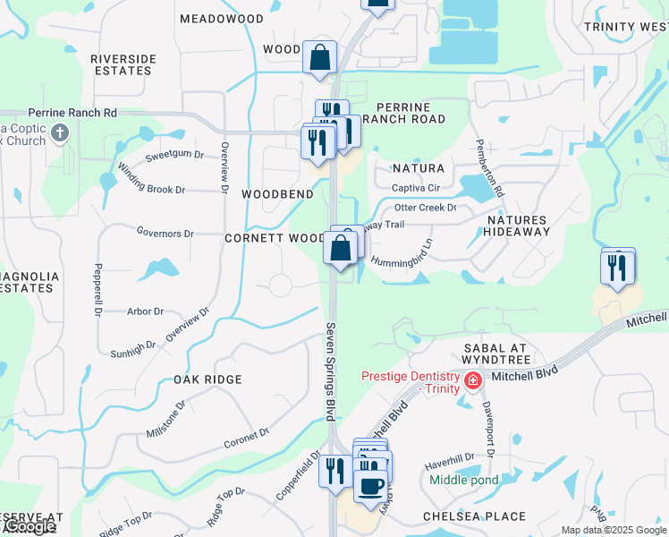 map of restaurants, bars, coffee shops, grocery stores, and more near 1530 Seven Springs Boulevard in New Port Richey