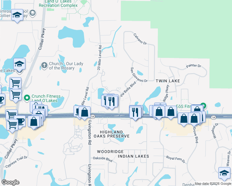 map of restaurants, bars, coffee shops, grocery stores, and more near 23700 Viento Drive in Land O' Lakes