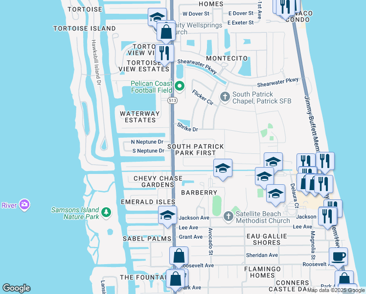 map of restaurants, bars, coffee shops, grocery stores, and more near 222 Atlas Lane in Satellite Beach