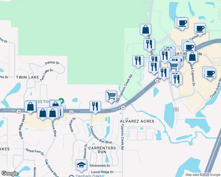 map of restaurants, bars, coffee shops, grocery stores, and more near 24815 Audrey Road in Land O' Lakes