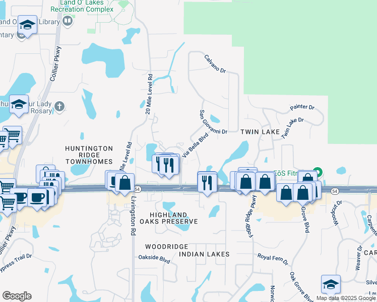 map of restaurants, bars, coffee shops, grocery stores, and more near Via Bella Boulevard in Land O' Lakes