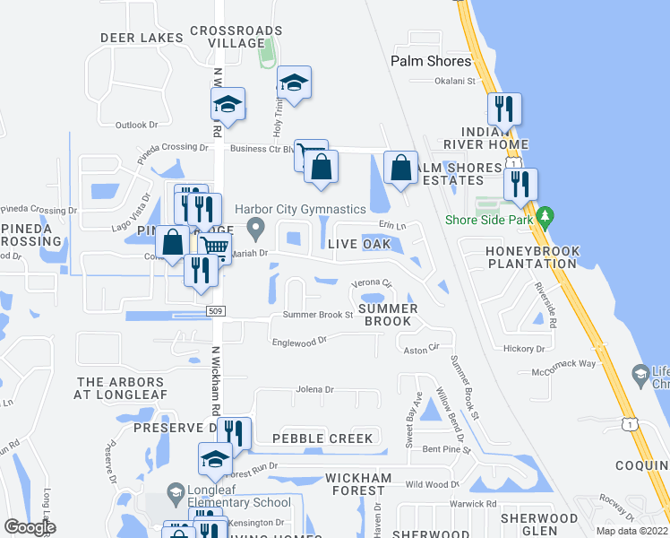 map of restaurants, bars, coffee shops, grocery stores, and more near 2797 Mariah Drive in Melbourne
