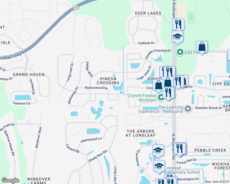 map of restaurants, bars, coffee shops, grocery stores, and more near 3424 Long Leaf Drive in Melbourne