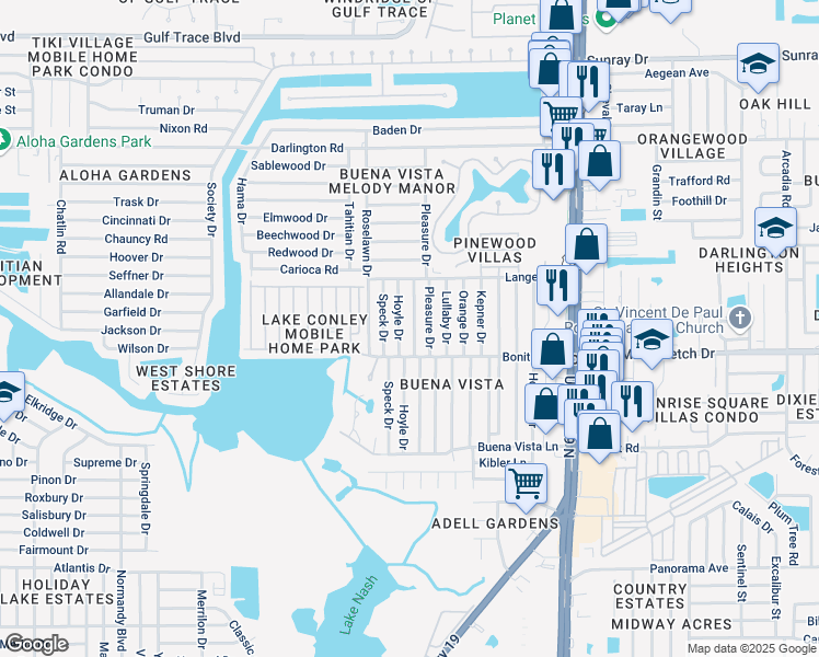 map of restaurants, bars, coffee shops, grocery stores, and more near 2109 Pleasure Drive in Holiday