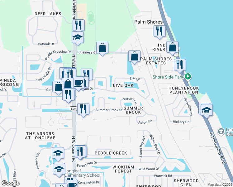 map of restaurants, bars, coffee shops, grocery stores, and more near 2791 Mariah Drive in Melbourne