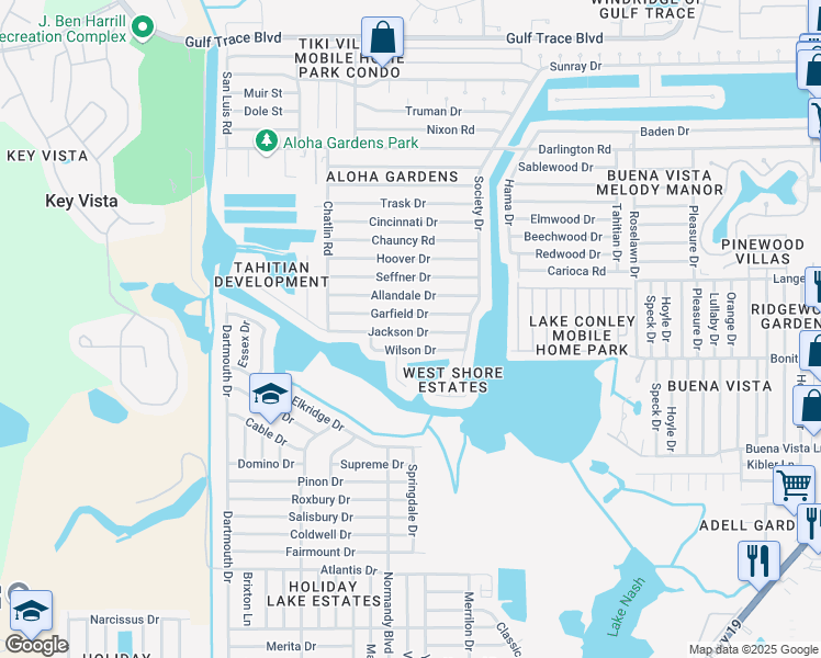 map of restaurants, bars, coffee shops, grocery stores, and more near 3437 Jackson Drive in Holiday