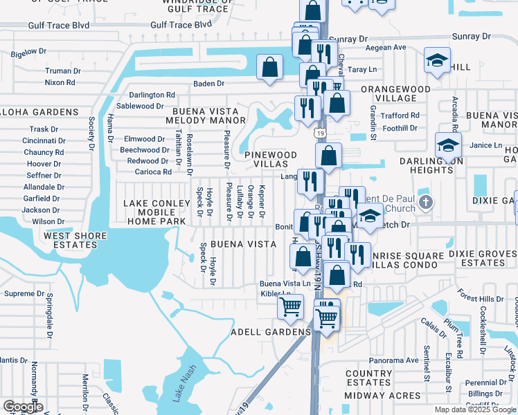 map of restaurants, bars, coffee shops, grocery stores, and more near 2037 Kepner Drive in Holiday