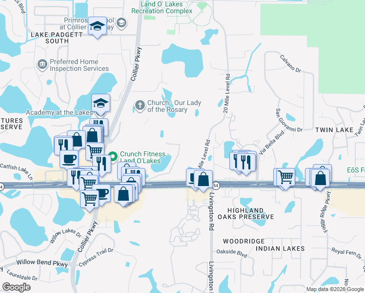 map of restaurants, bars, coffee shops, grocery stores, and more near 2210 Park Crescent Drive in Land O' Lakes