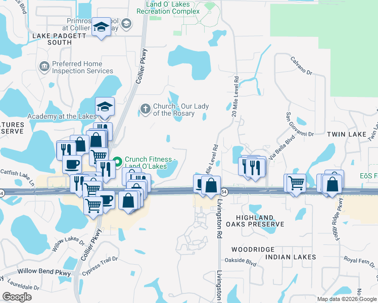 map of restaurants, bars, coffee shops, grocery stores, and more near 2210 Park Crescent Drive in Land O' Lakes