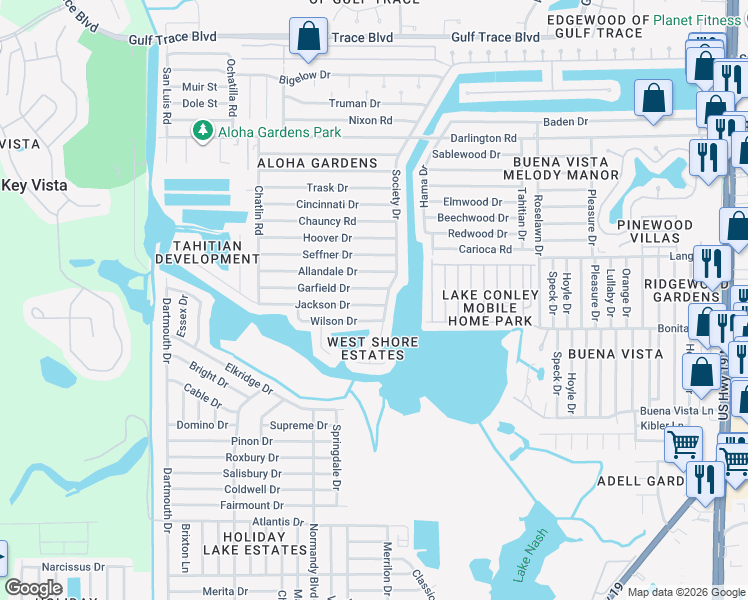 map of restaurants, bars, coffee shops, grocery stores, and more near 3541 Garfield Drive in Holiday